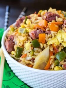 corned beef fried rice in white bowl