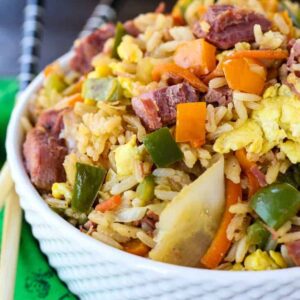 corned beef fried rice in white bowl