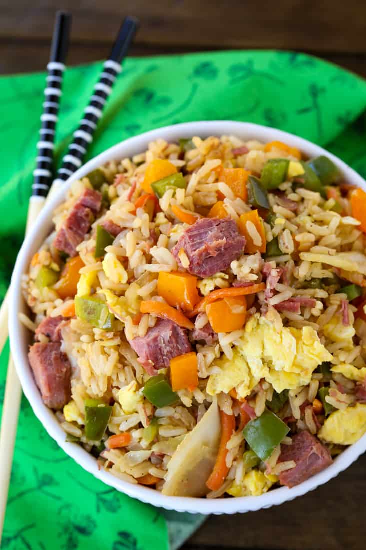 Corned Beef and Cabbage Fried Rice is a fried rice recipe made with leftover corned beef, peppers and cabbage