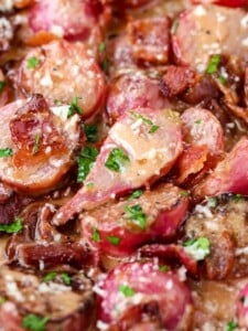 Pan Roasted Radishes in Bacon Cream Sauce is a low carb, roasted vegetable recipe