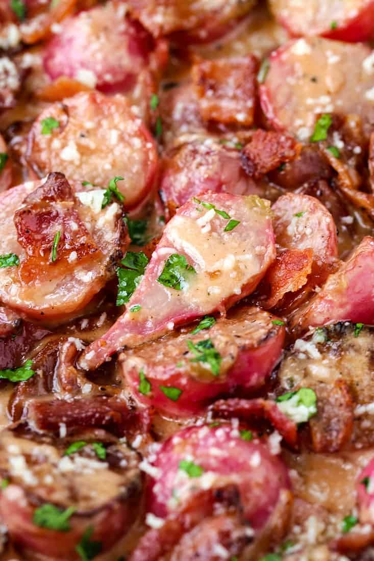 Pan Roasted Radishes in Bacon Cream Sauce is a low carb, roasted vegetable recipe