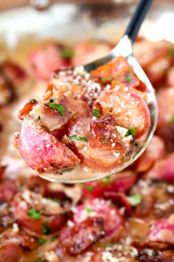 Pan Roasted Radishes in Bacon Cream Sauce is a roasted radish recipe