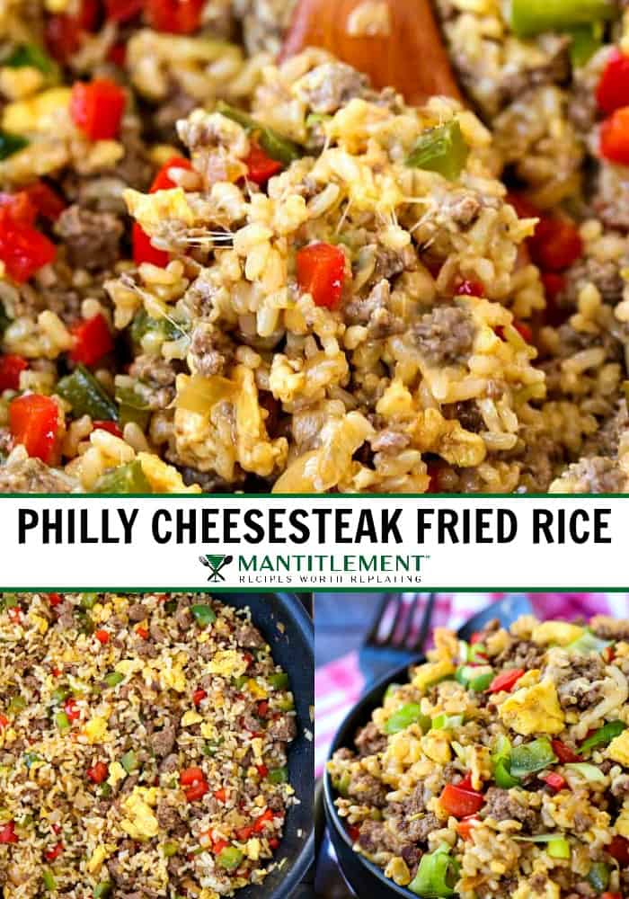 Philly Cheesesteak Fried Rice is the ultimate, comfort food dinner! Ground beef, peppers and gooey cheese make this fried rice irresistible! Philly cheesesteak fried rice recipe collage for pinterest