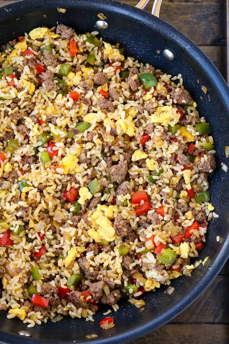 Philly Cheesesteak Fried Rice is a dinner recipe that is made in one skillet