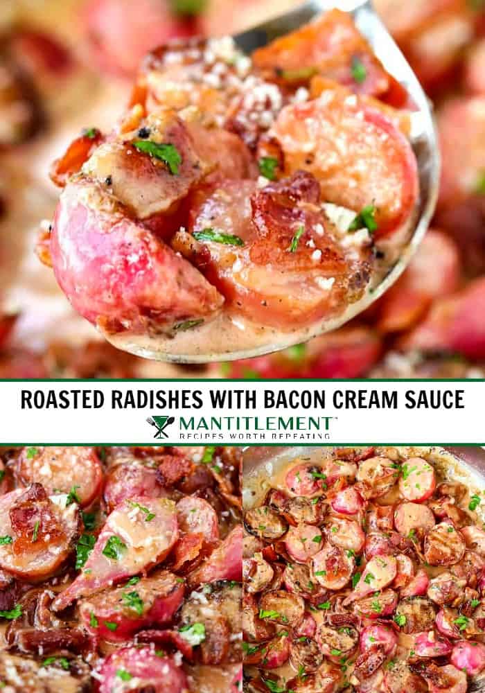 roasted radishes in a bacon cream sauce collage for pinterest