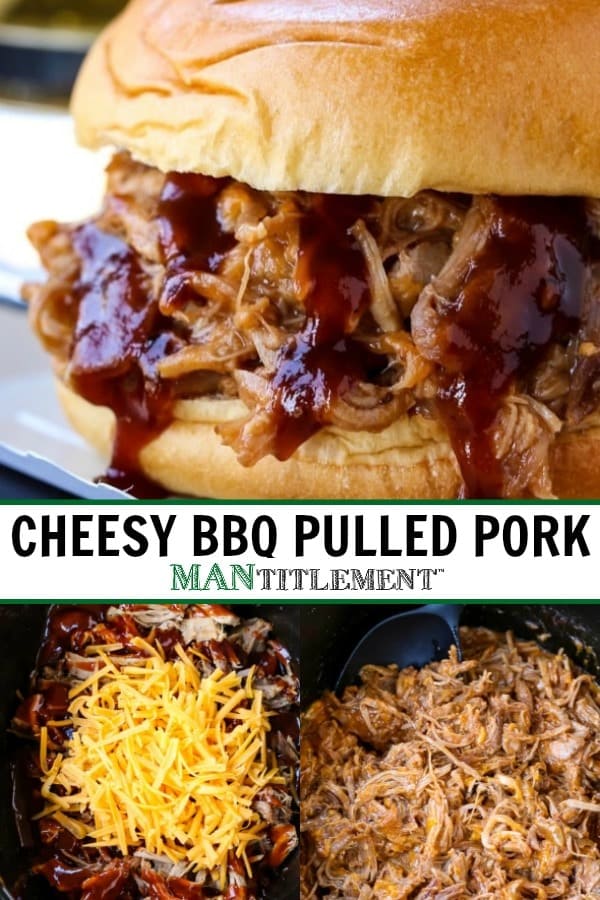 Cheesy BBQ Pulled Pork is a crock pot pulled pork recipe that you can serve on sandwiches or in baked potatoes
