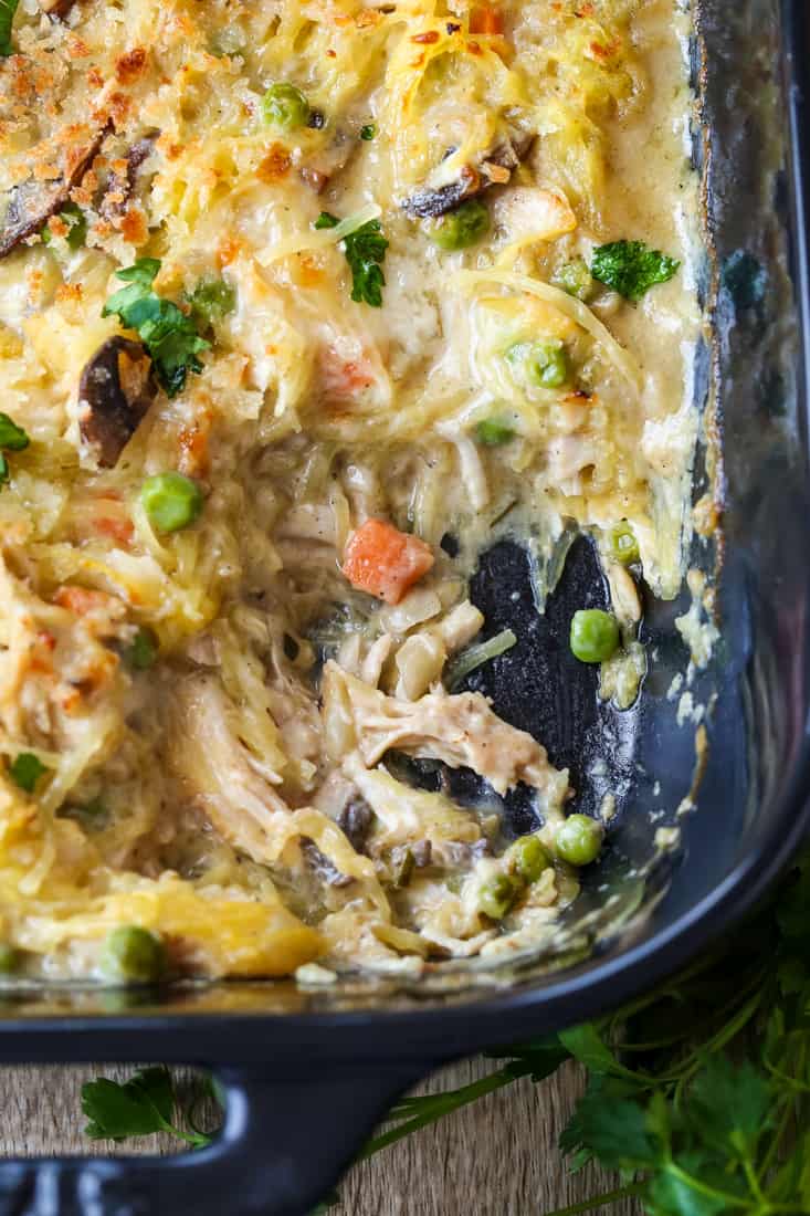 Chicken Pot Pie Spaghetti Squash Casserole is a low carb dinner recipe baked with chicken and parmesan cheese