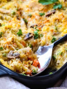 Chicken Pot Pie Spaghetti Squash Casserole is a low carb dinner recipe that uses spaghetti squash instead of pasta