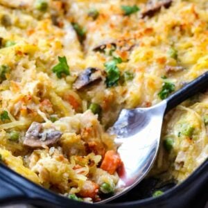 Chicken Pot Pie Spaghetti Squash Casserole is a low carb dinner recipe that uses spaghetti squash instead of pasta