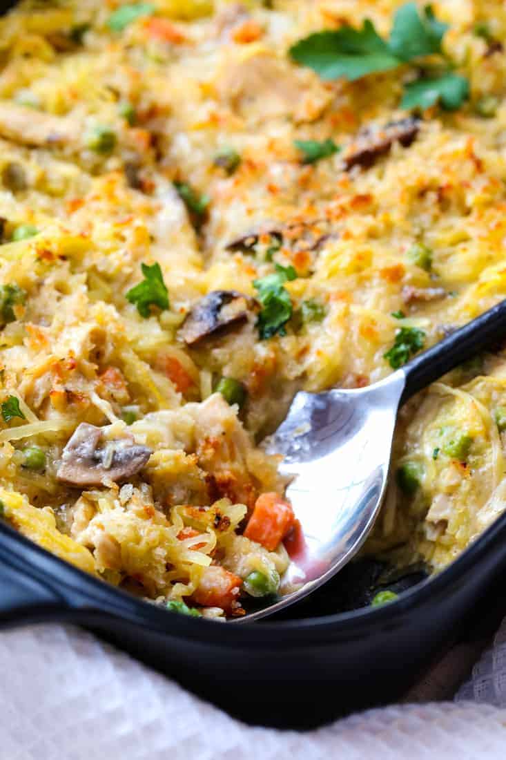 Chicken Pot Pie Spaghetti Squash Casserole is a low carb dinner recipe that uses spaghetti squash instead of pasta