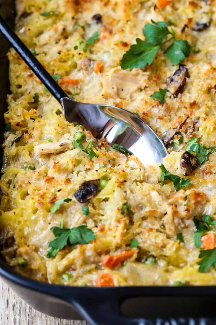 Chicken Pot Pie Spaghetti Squash Casserole is a low carb dinner made with chicken and vegetables