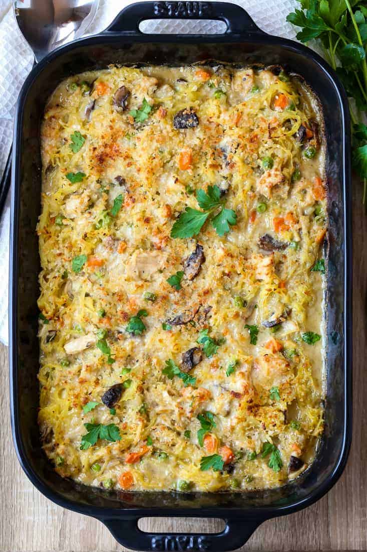 Chicken Pot Pie Spaghetti Squash Casserole is a spaghetti squash recipe with chicken and vegetables