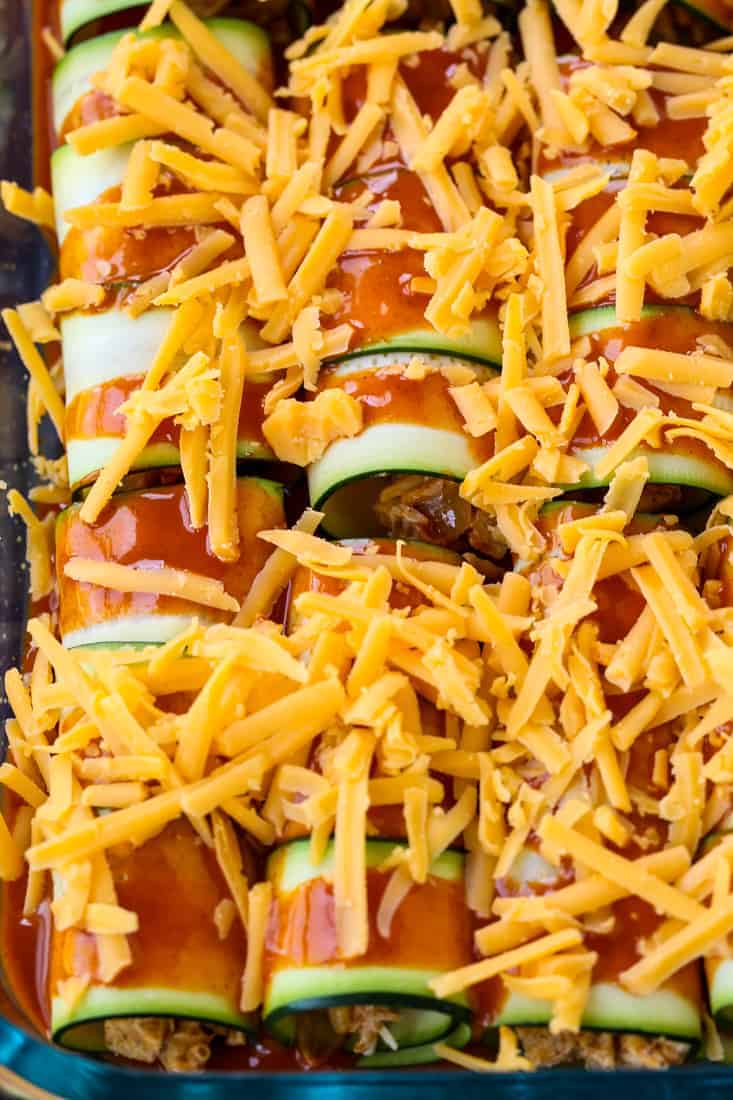 Chicken Stuffed Zucchini Enchiladas are a chicken enchilada recipe made with thin slices of zucchini