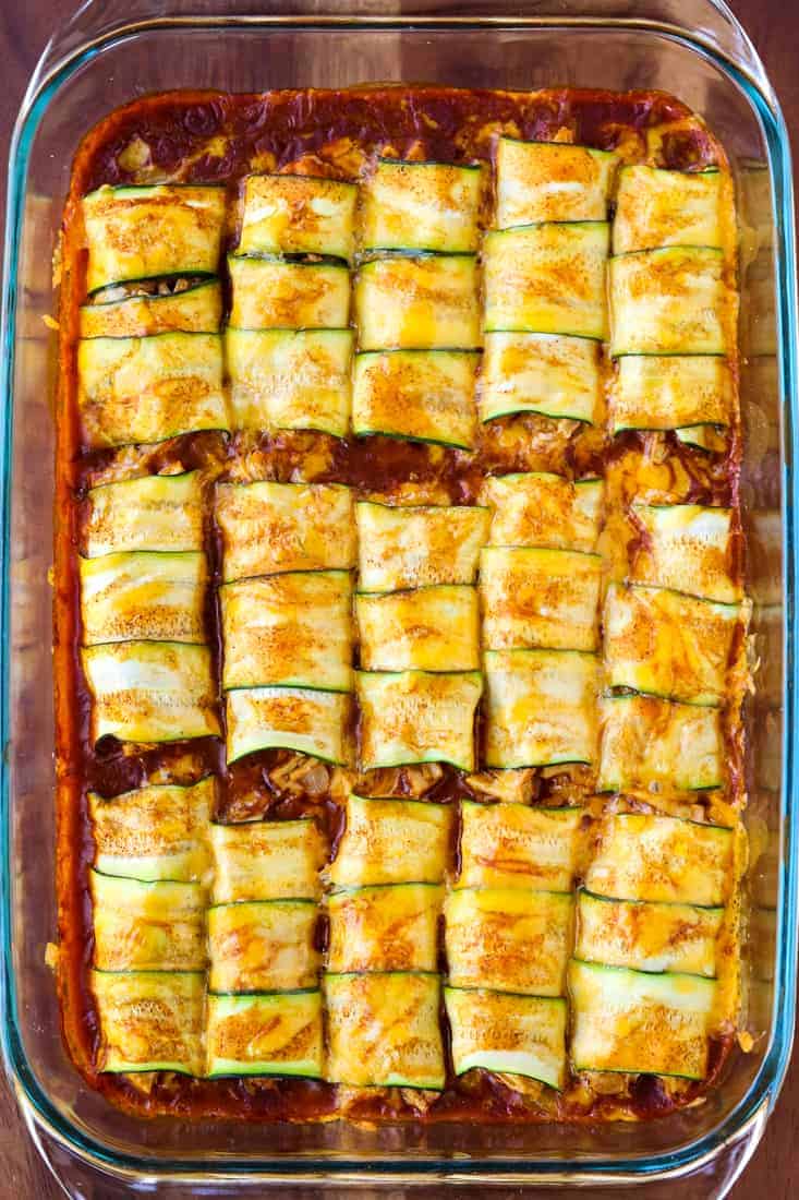 Chicken Stuffed Zucchini Enchiladas have a creamy chicken filling and are topped with sauce and cheese