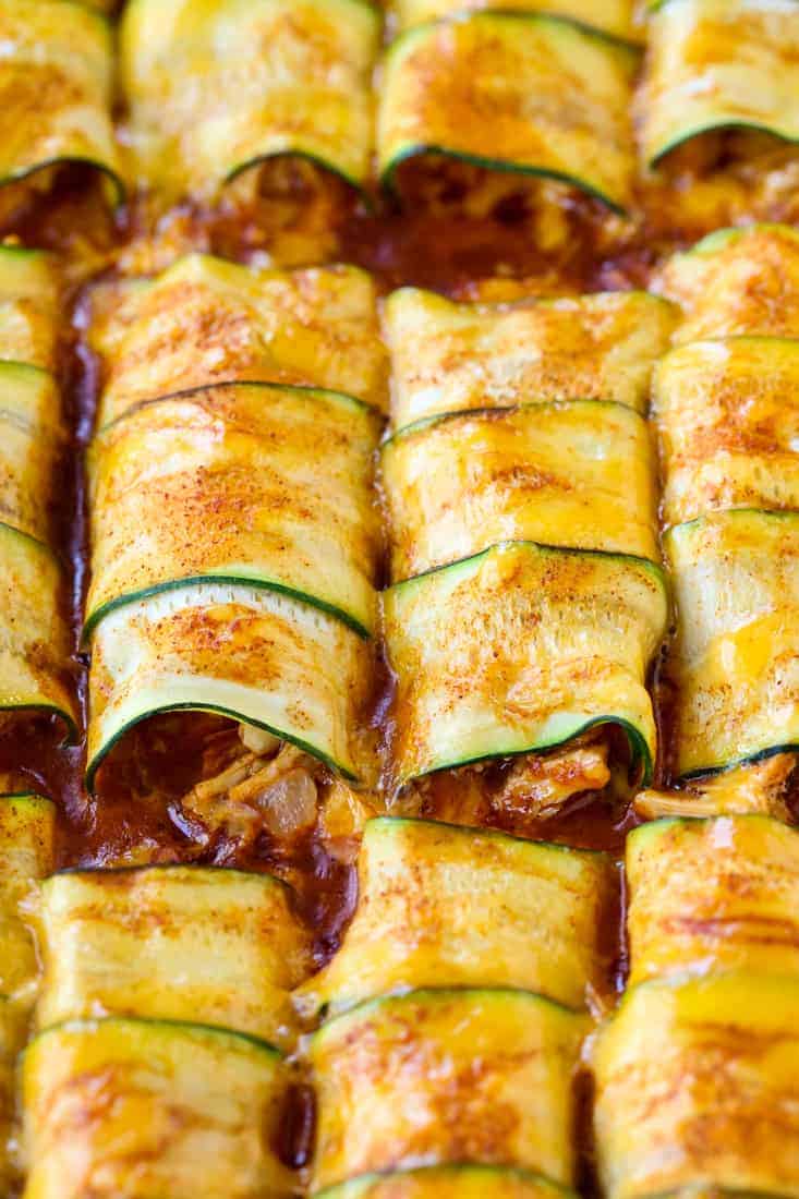 Zucchini Enchilada filled with chicken s are a low carb enchilada recipe with a chicken filling