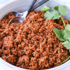 ground beef taco meat in bowl with cilantro