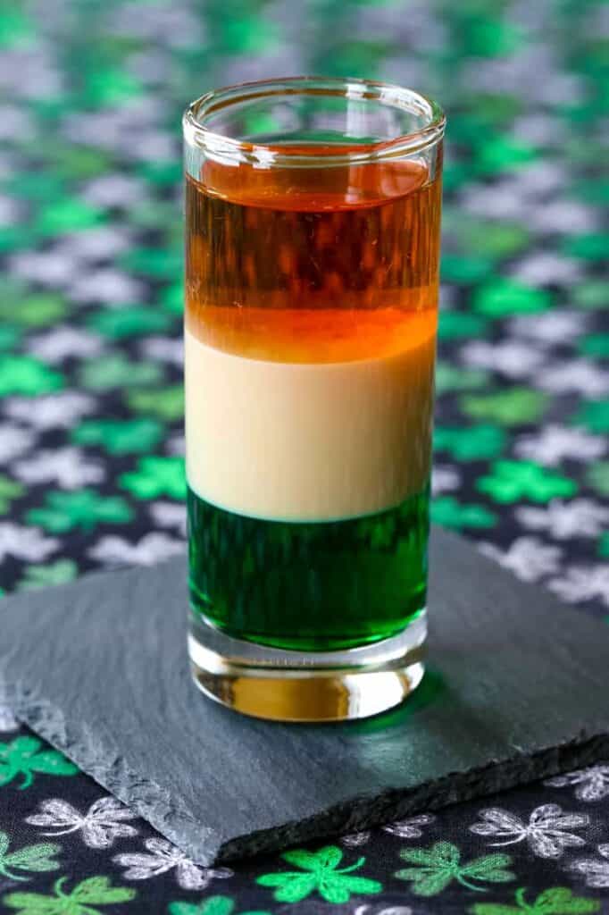 An Irish Flag Shot is a layered cocktail recipe