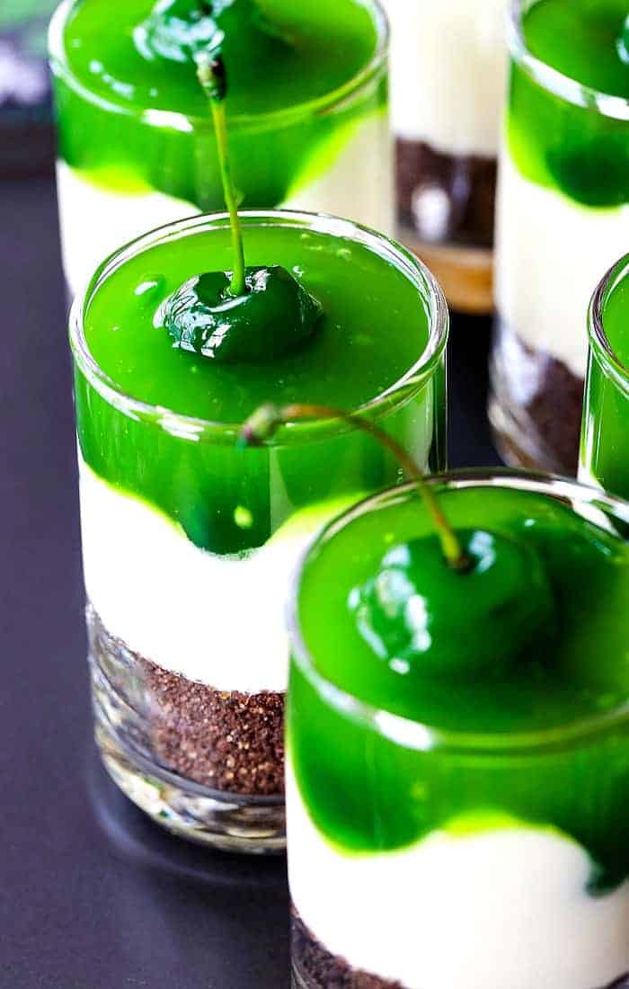 Irish Whiskey Cheesecake Shots are a no bake cheesecake shot for st. patrick's day parties