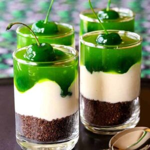 Irish Whiskey Cheesecake Shots are a no bake cheesecake recipe with whiskey and cherries