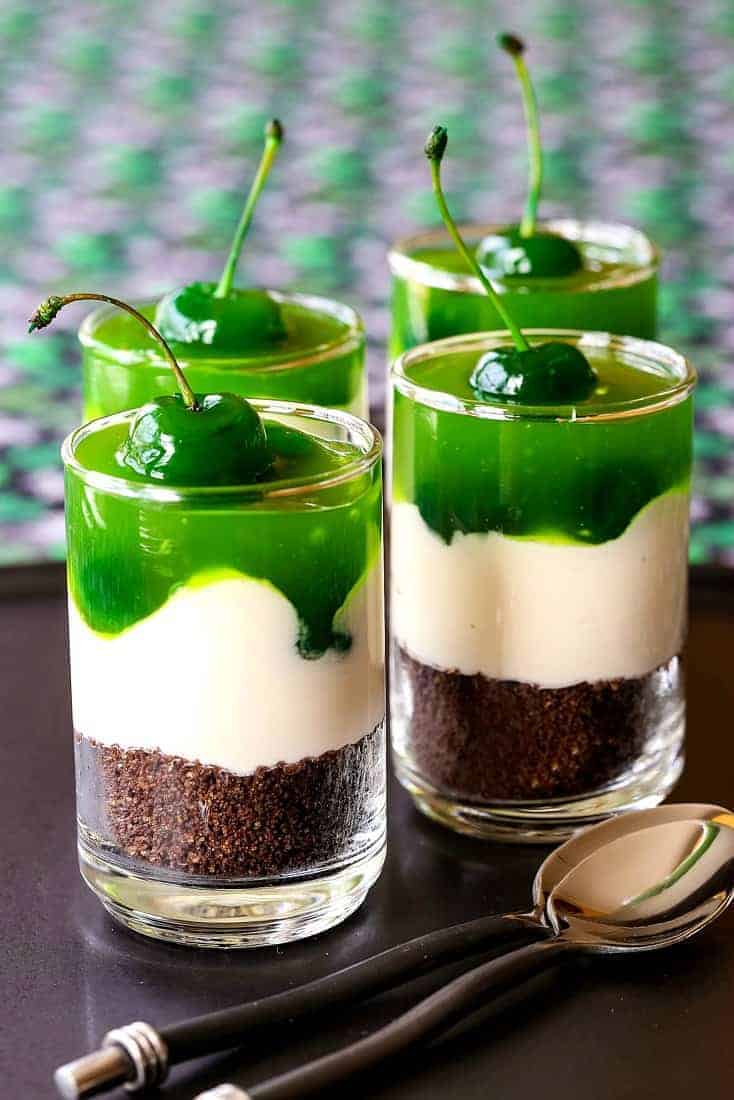 Irish Whiskey Cheesecake Shots are a no bake cheesecake recipe with whiskey and cherries