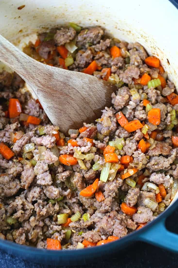 ground sausage and vegetables in a pot for soup recipe