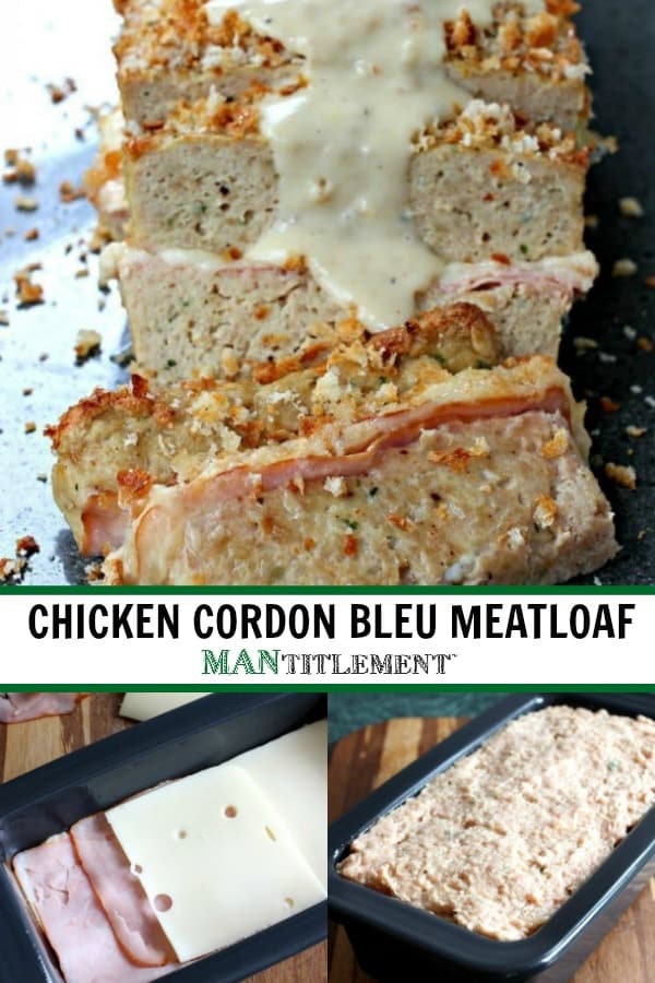 A layered, chicken meatloaf with ham and swiss cheese