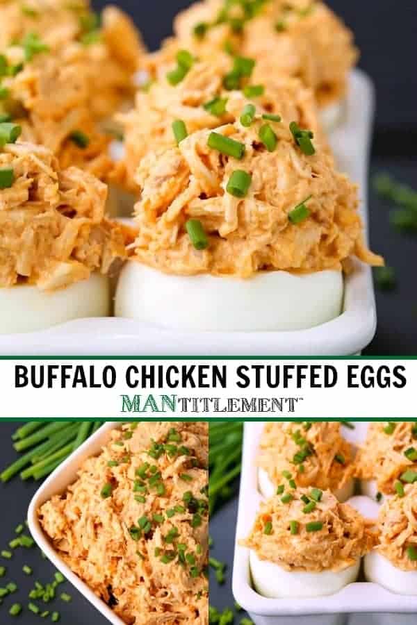 Hard boiled eggs stuffed with buffalo chicken salad