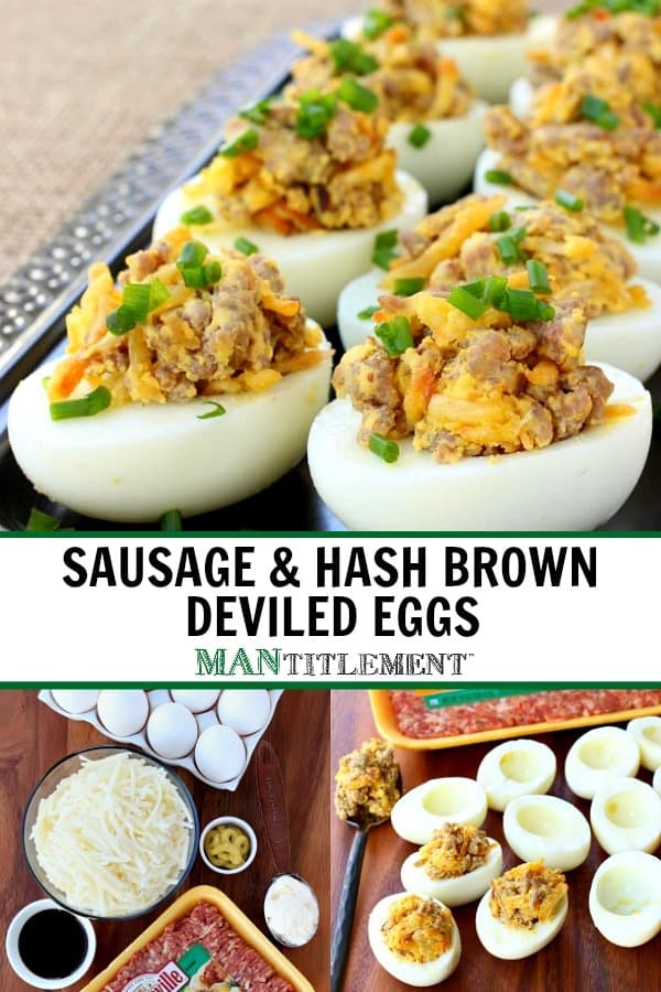 deviled eggs with sausage and hash browns collage for Pinterest
