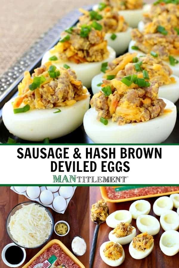 deviled eggs with sausage and hash browns collage for Pinterest