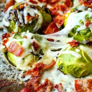 Loaded Sheet Pan Brussels Sprouts are a roasted brussels sprouts recipe with cheese and bacon