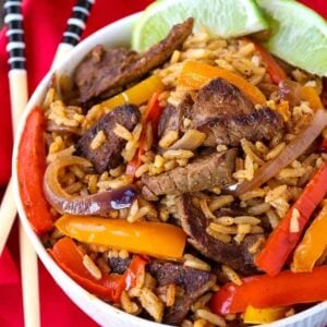 Steak Fajita Fried Rice is a beef fried rice recipe with sliced steak and peppers