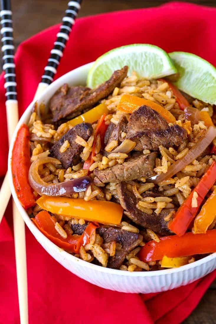 Steak Fajita Fried Rice is a beef fried rice recipe with sliced steak and peppers