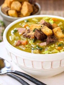 Stove Top Split Pea and Ham Soup is a soup recipe made with leftover ham and topped with croutons