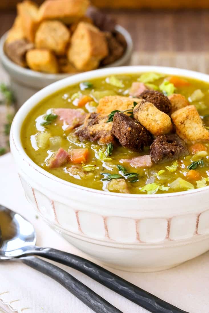Split pea soup in a bowl with croutons