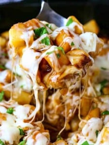 Disco Fries Casserole is a potato side dish recipe with brown gravy and mozzarella cheese