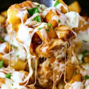 Disco Fries Casserole is a potato side dish recipe with brown gravy and mozzarella cheese