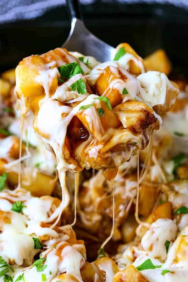 Disco Fries Casserole is a potato side dish recipe with brown gravy and mozzarella cheese