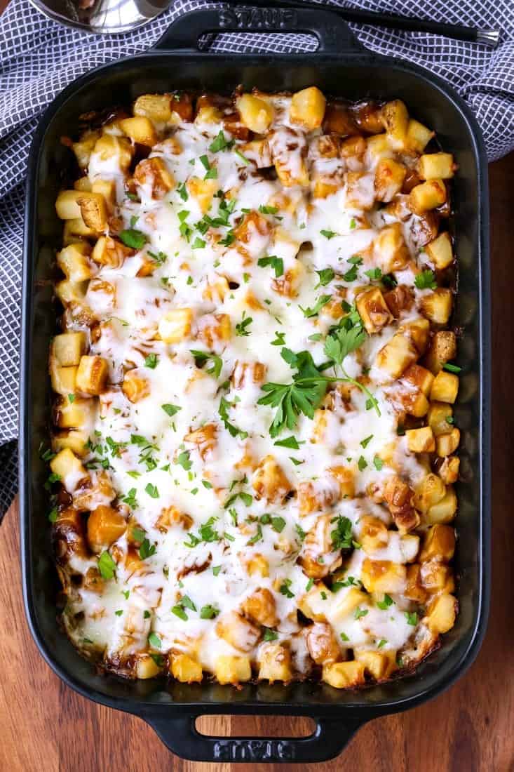 Disco Fries Casserole is a potato casserole recipe with brown gravy and cheese