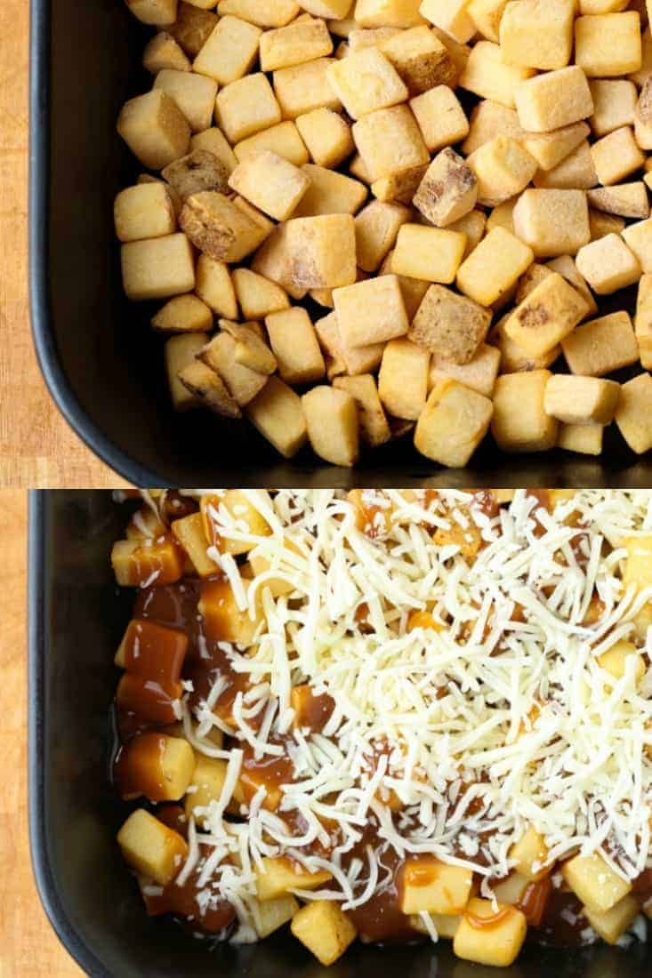 Disco Fries Casserole starts with frozen, diced potatoes topped with mozzarella cheese and brown gravy