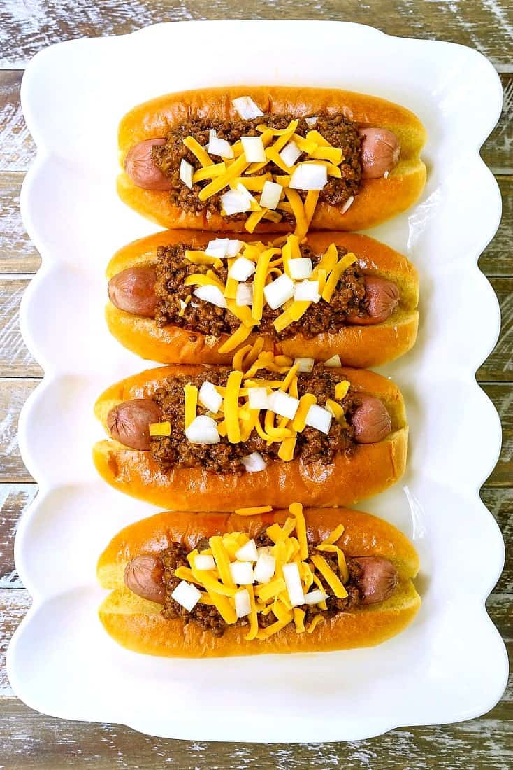 Hot Dog Chili Recipe showing chili dogs on a platter from the top