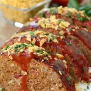 taco meatloaf sliced with chips on top