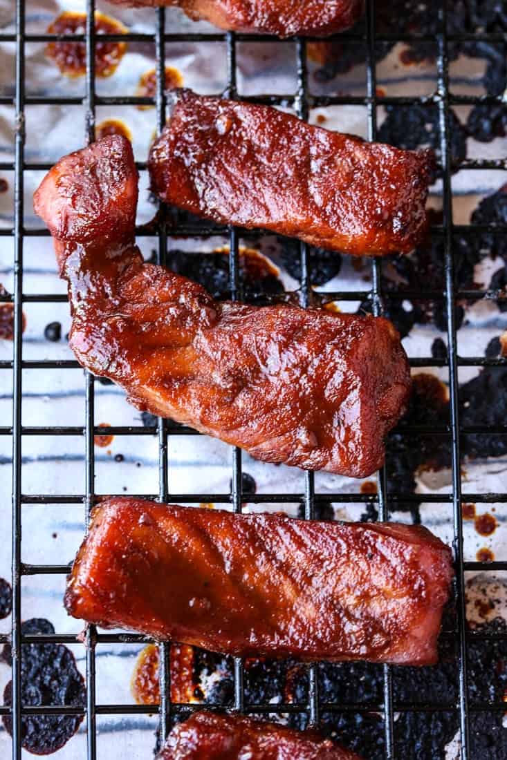 Boneless Chinese ribs on a baking rack after cooking