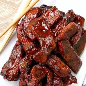 Chinese Boneless Spare Ribs on a white plate with chop sticks