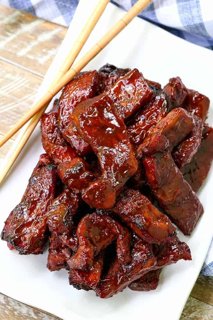 Chinese Boneless Spare Ribs on a white plate with chop sticks