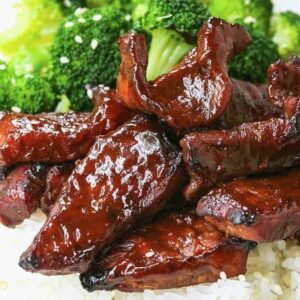 Chinese Boneless Spare Ribs on a plate with rice and broccoli