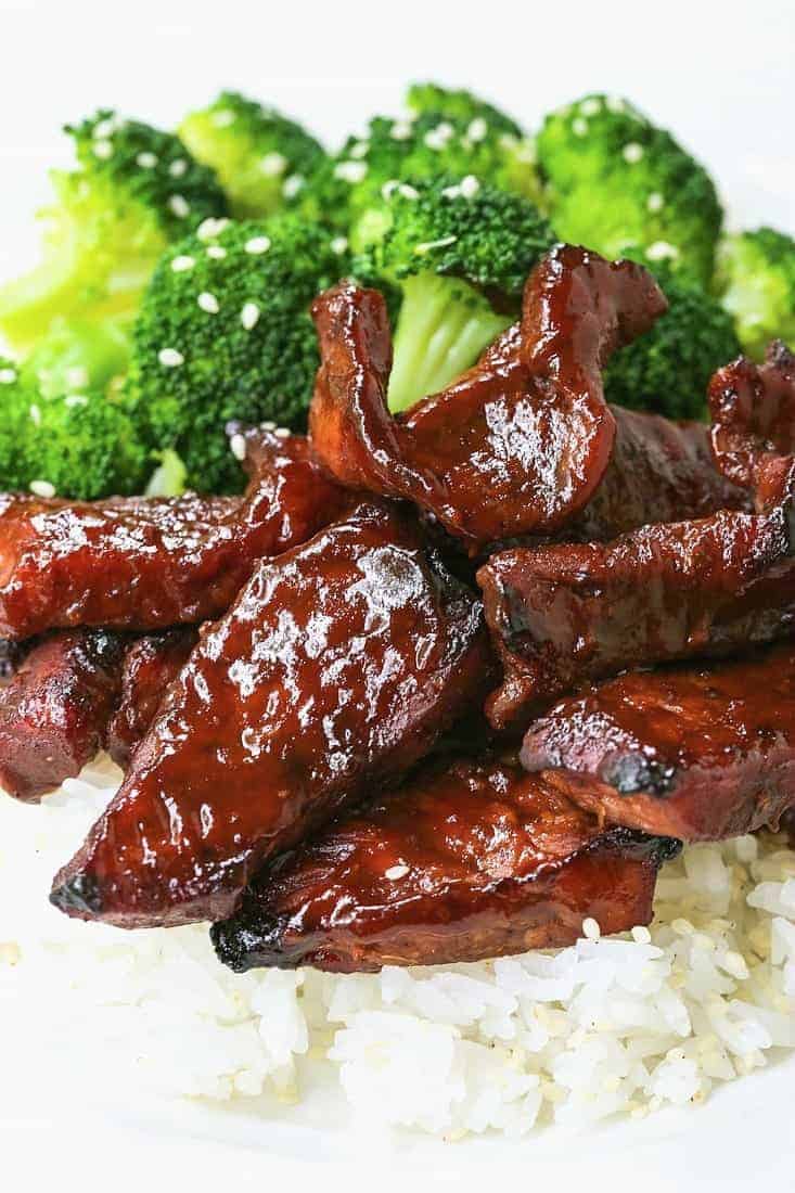 Chinese Boneless Spare Ribs on a plate with rice and broccoli