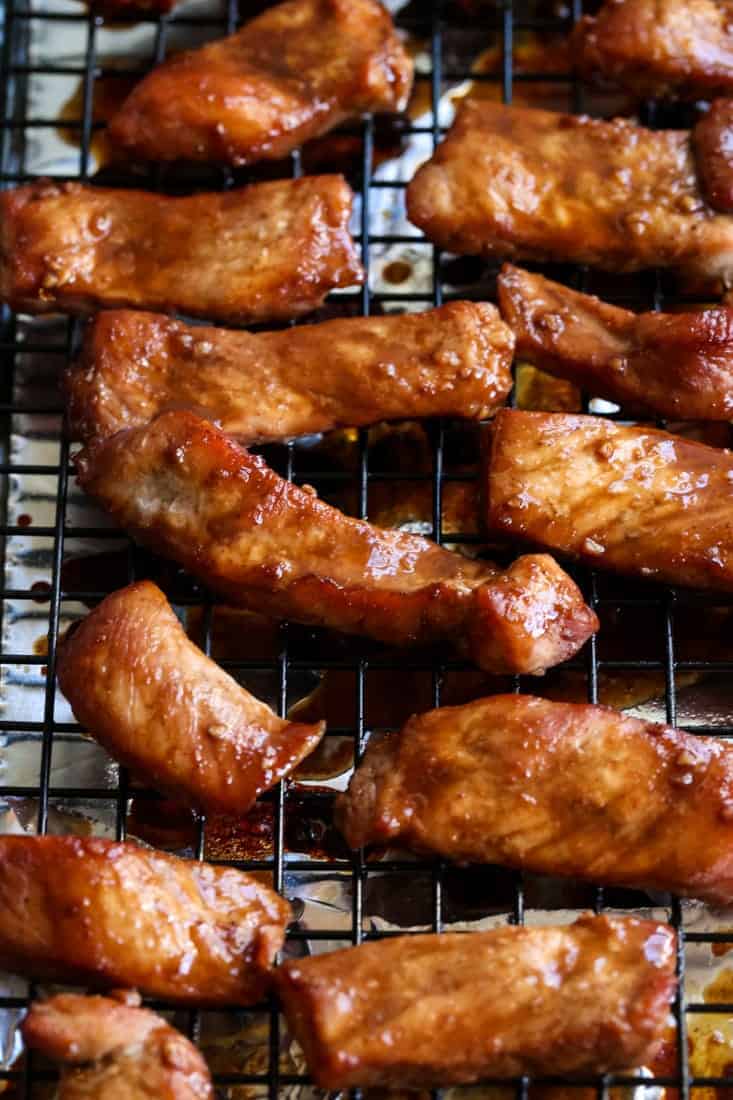 Chinese Boneless Spare Ribs on a baking rack 