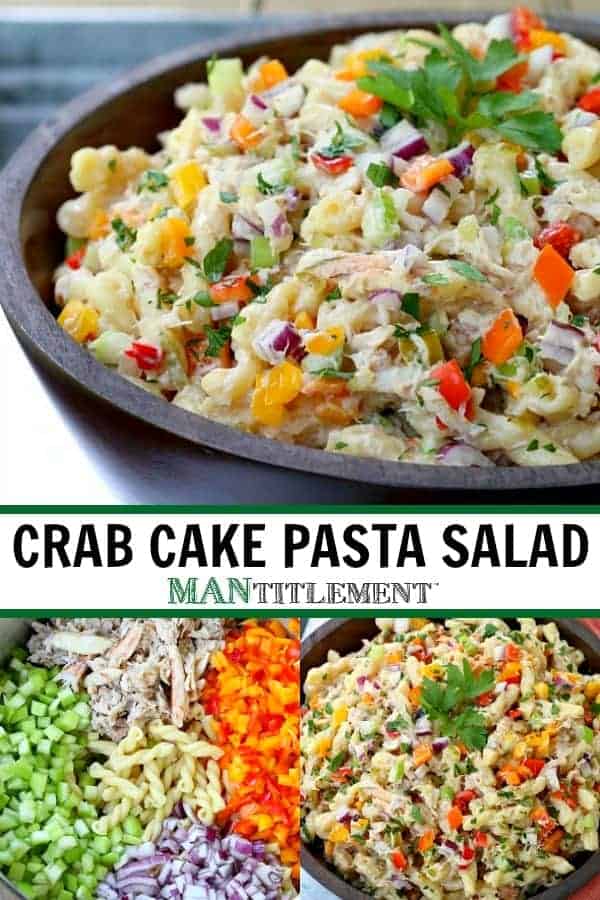 This Crab Pasta Salad is loaded with crab meat and tons of vegetables! All the flavors of a crab cake tossed with pasta and a tangy dressing! crab cake pasta salad collage for pinterest
