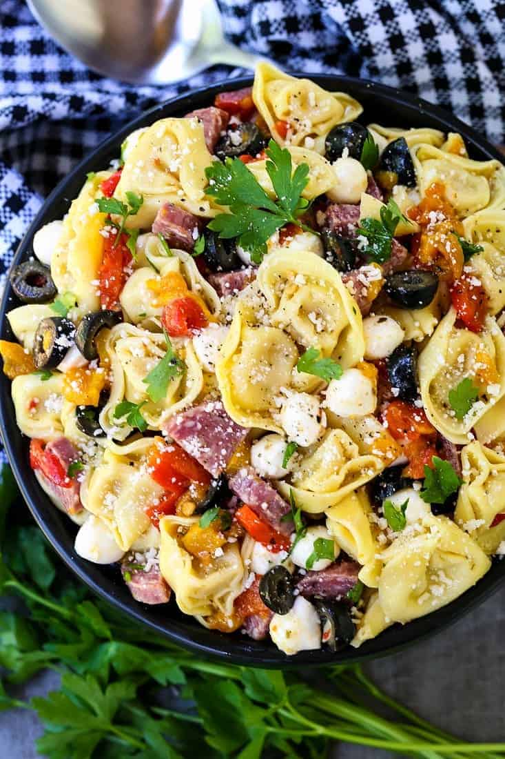 Italian Pasta Salad in a bowl from the top with parsley