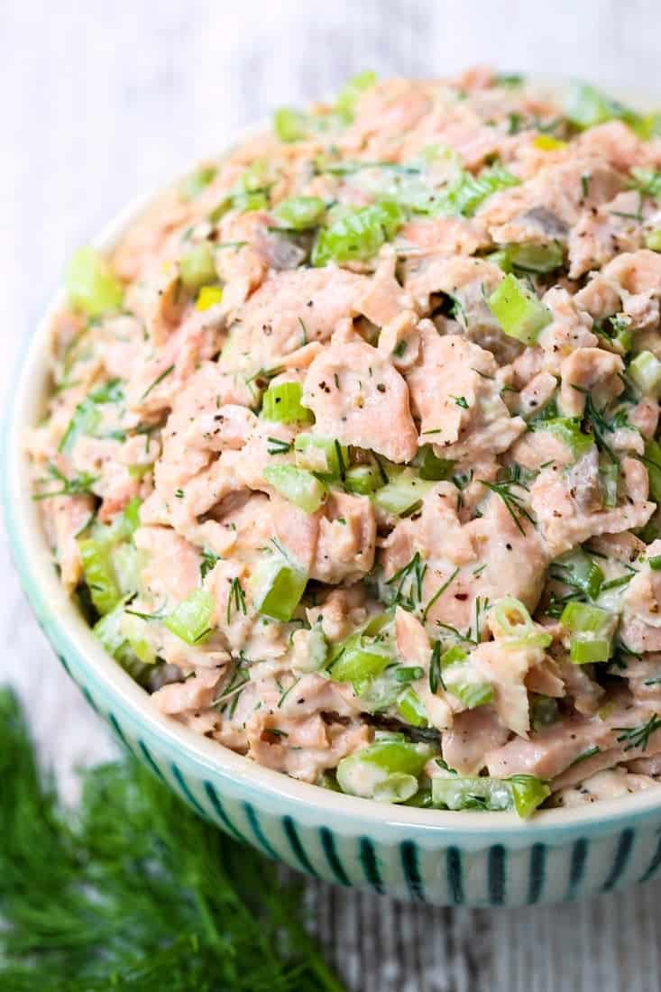 Salmon Salad Recipe in a bowl close up from the top